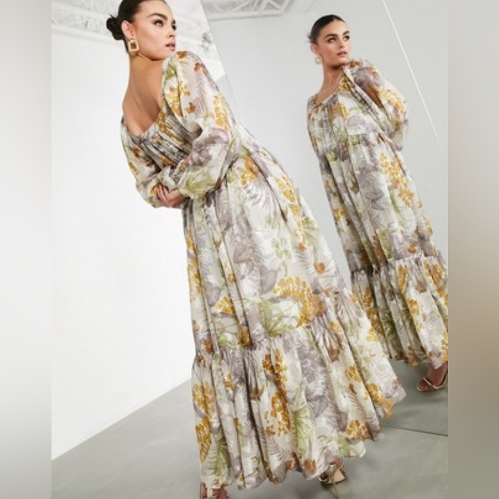 ASOS Long Sleeve Floral Maxi Dress in Gray and Yellow